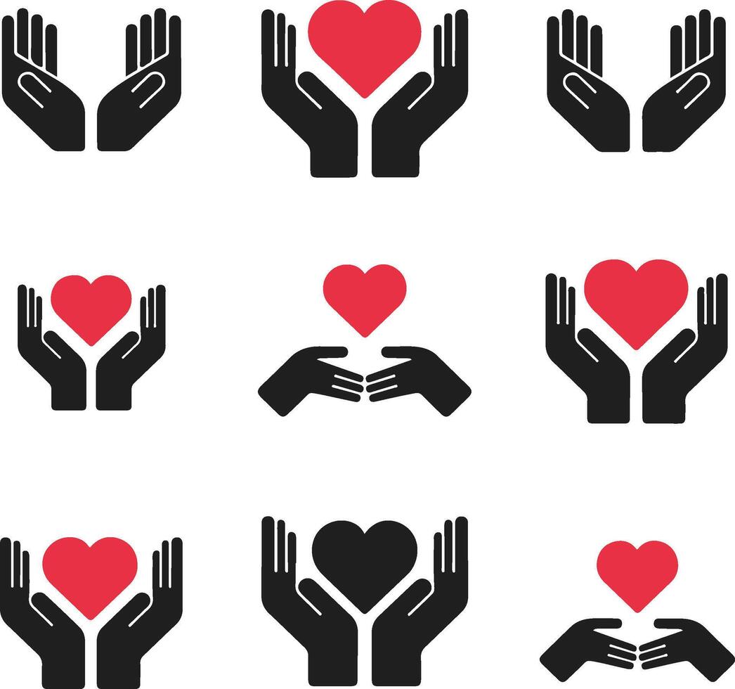 Heart in hand icons set,Megaphone icon SetAbstract set with red and black handshakes heart icons. Sign friendship or partnership icons. Peace and love symbol. Sign agreement. vector