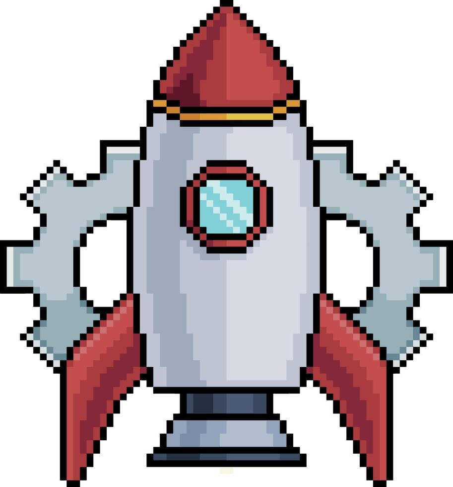Pixel art rocket with gears in 8 bit style on white background vector