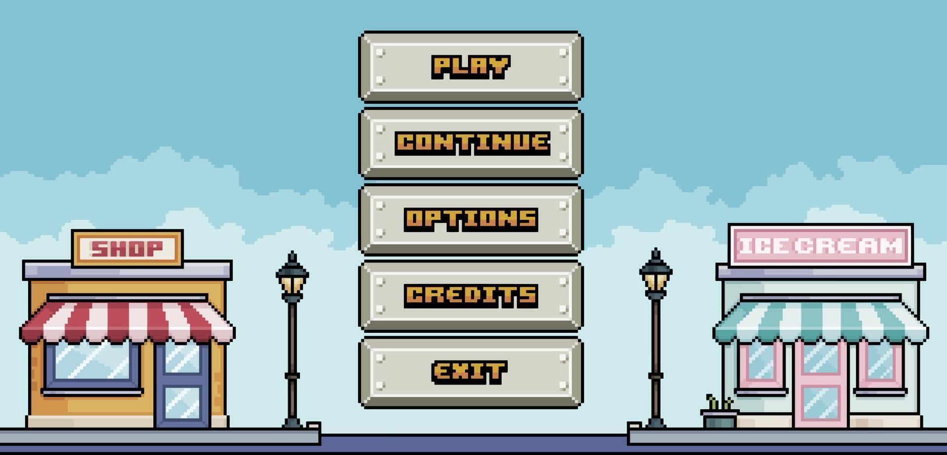 City game home menu with metal buttons in pixel art and 8-bit style vector