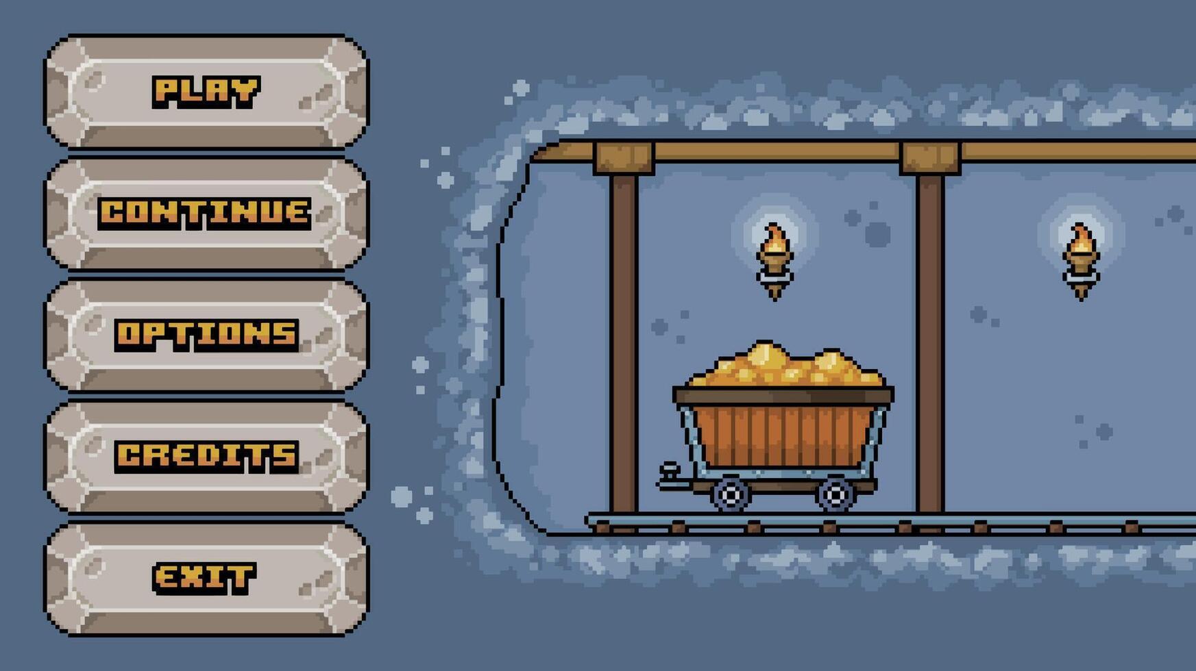 minería juego hogar menú con Roca botones en píxel Arte y 8 bits estilo vector