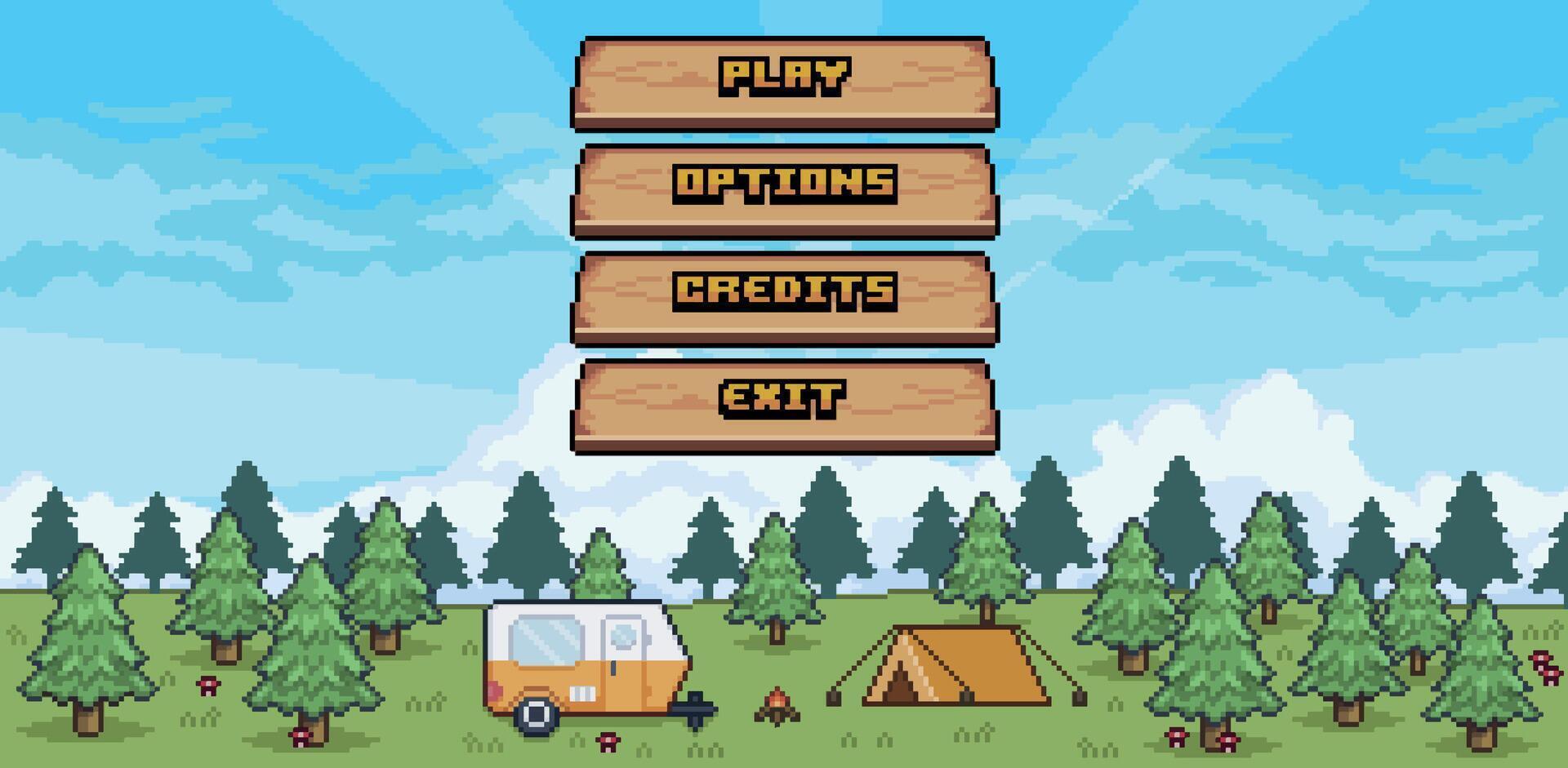 Camping game home menu with wooden buttons in pixel art and 8-bit style vector