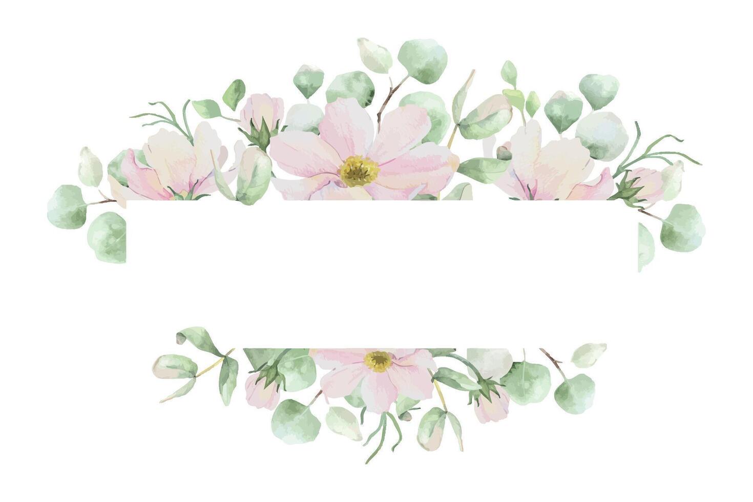 Pink flowers and eucalyptus leaves. Isolated hand drawn watercolor frame of cosmea flowers. Summer floral wreath of pink wildflowers for wedding invitations, cards, packaging of goods vector