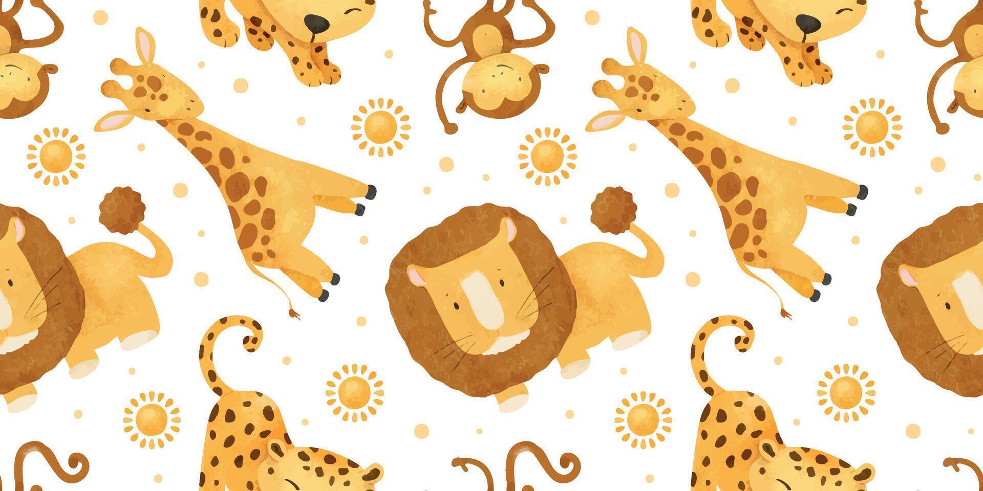 African jungle animals Lion, leopard, cheetah, monkey, giraffe and sun. Cute baby Watercolor seamless pattern. Childish background. Safari Print for design kid's goods, cards, fabric, vector