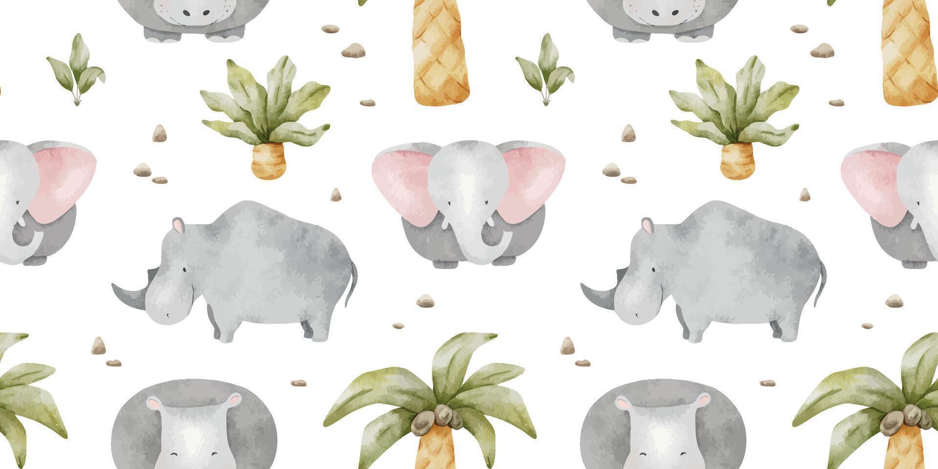 Jungle animals Elephant, rhinoceros, hippo, coconut palm trees and stones. Cute baby Watercolor seamless pattern. Childish background. Safari Print for design kid's goods, cards, fabric vector