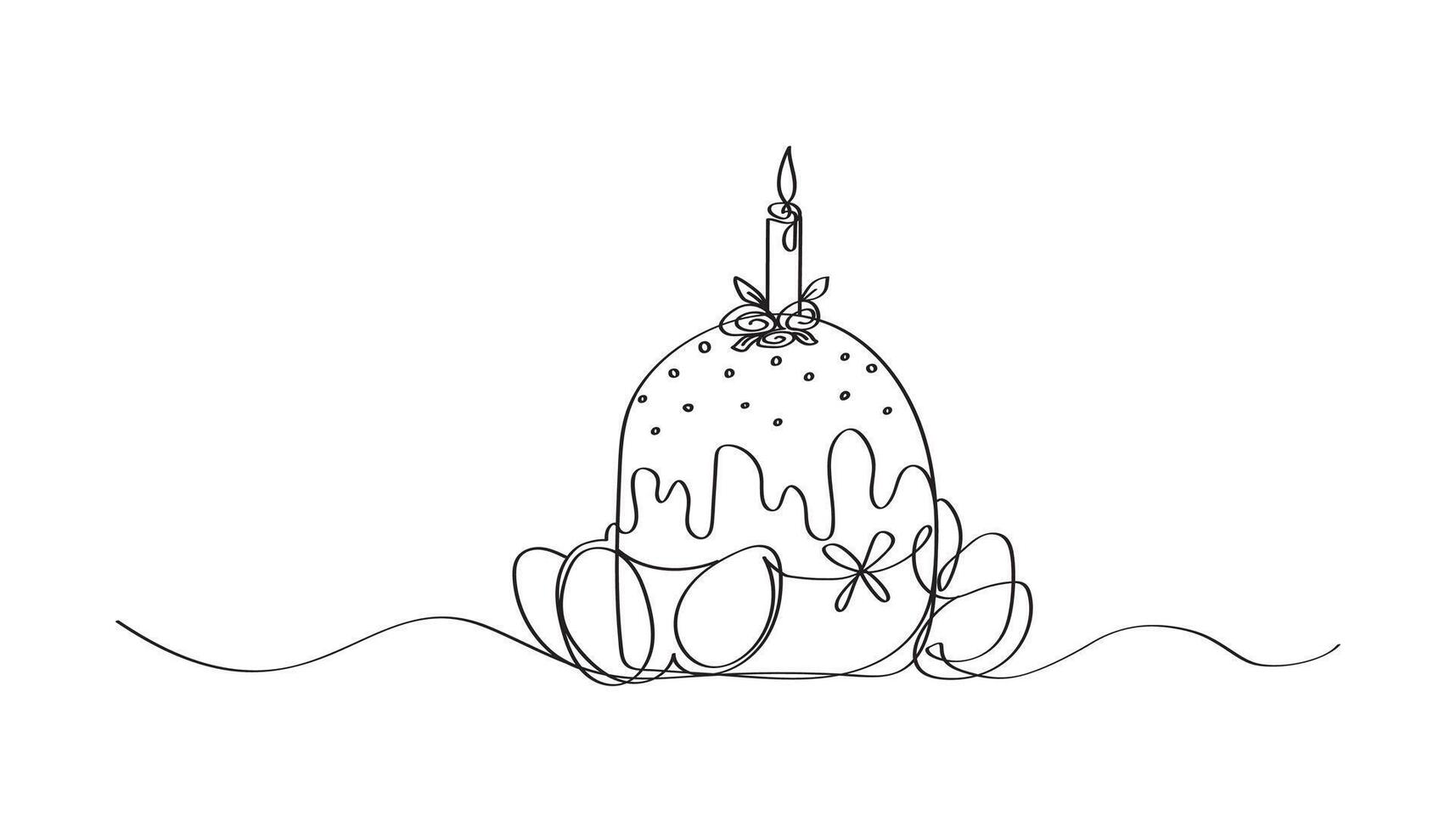 Minimalist Easter cake and Eggs art one line. Holiday sketch. Illustration of continuous line drawing art. vector