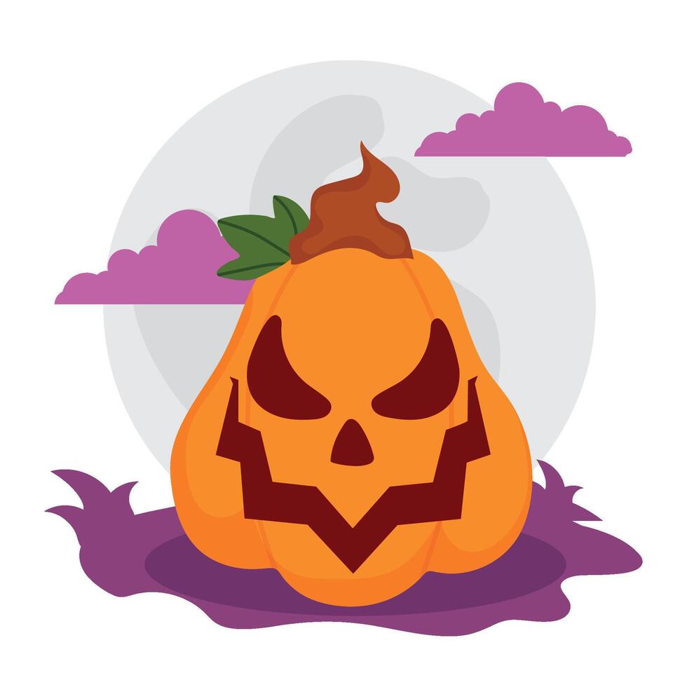 Scary pear-shaped jack-o -lantern pumpkin with moon, vector