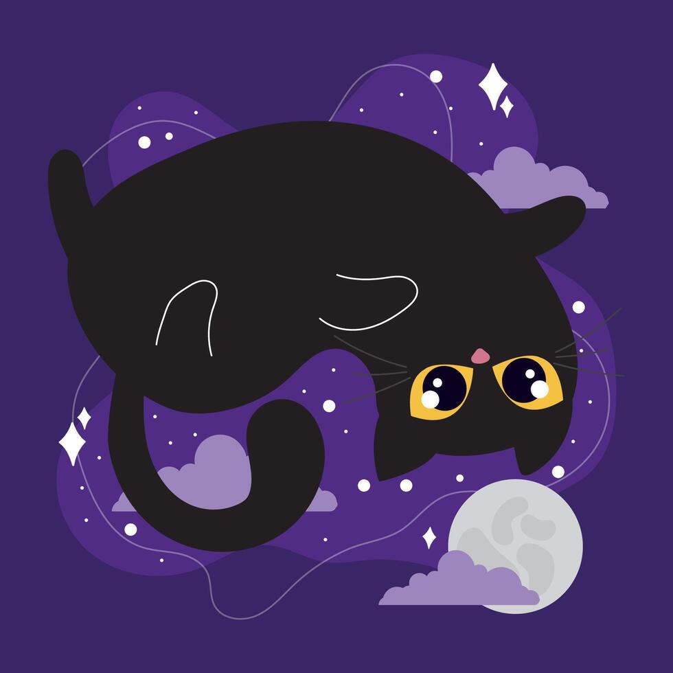 Black cat upside down near full moon and clouds, vector