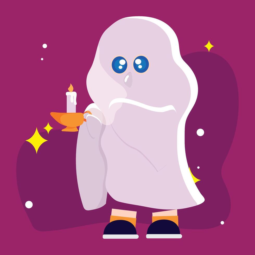 Little child dressed as a ghost holding candle vector