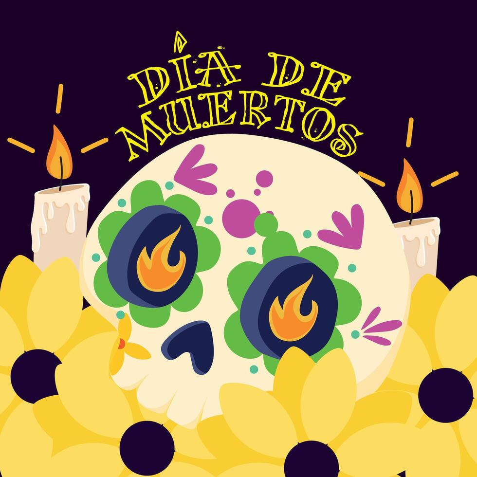 Day of the Dead skull with flowers and candles, vector