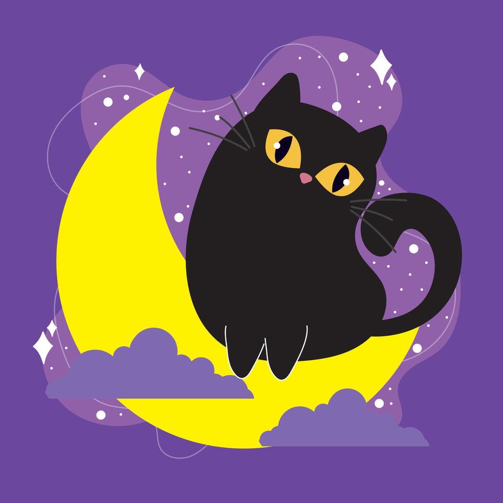 Cute black cat looking over crescent moon, vector