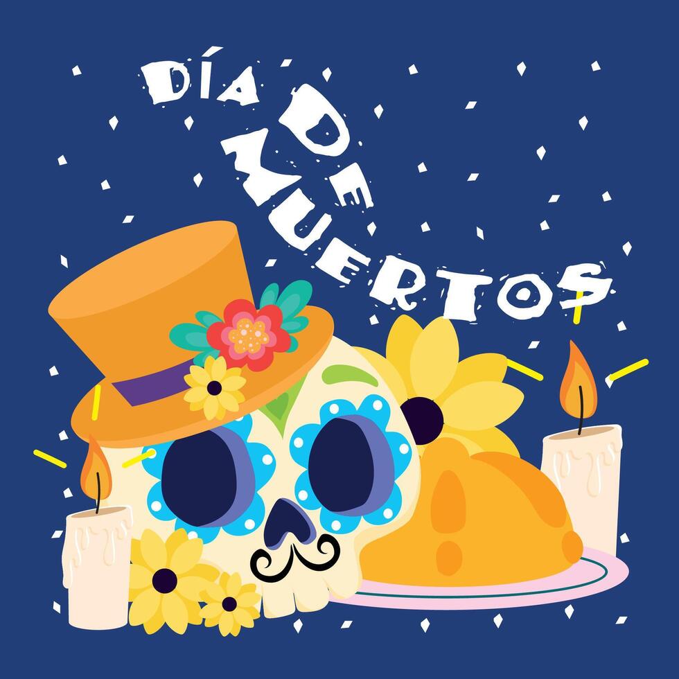 Festive Day of the Dead skull with hat and candles, vector