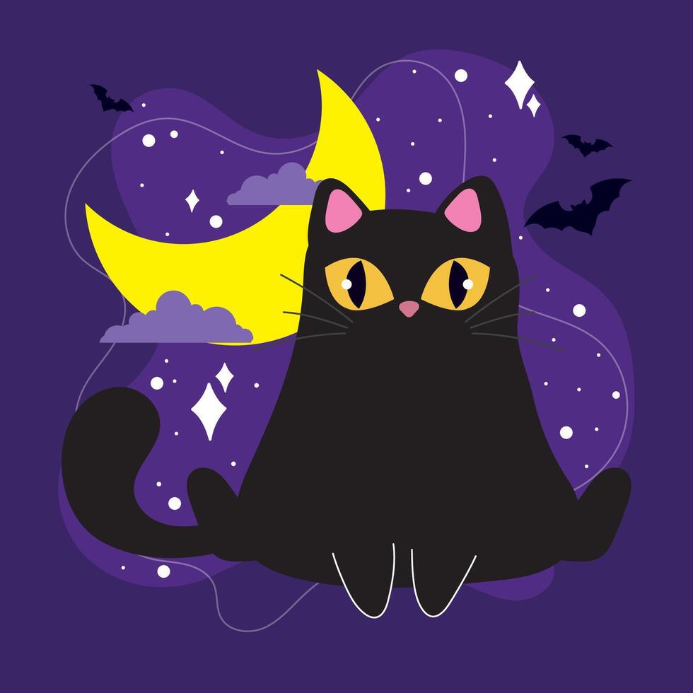 Black cat with yellow eyes under crescent moon, vector