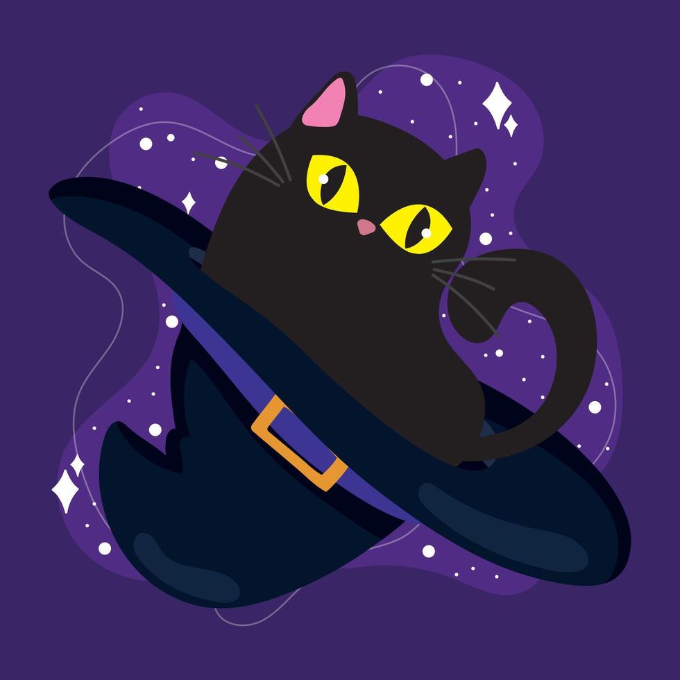 Playful black cat inside witch hat on purple, vector