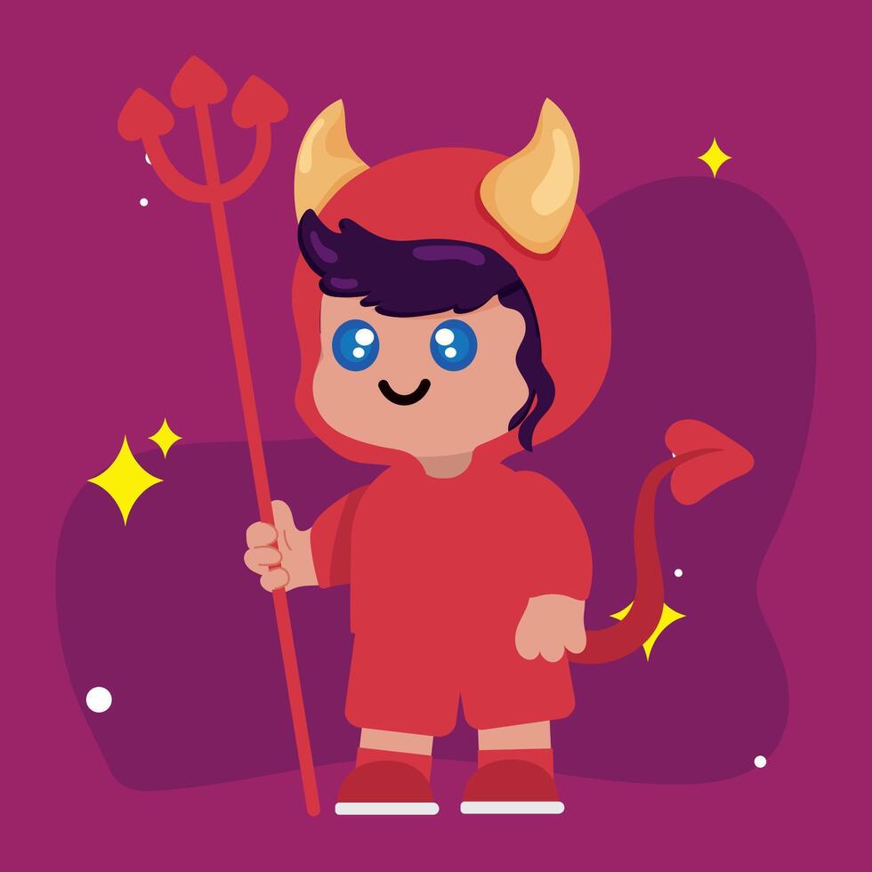 Adorable devil costume for kids with horns and trident vector