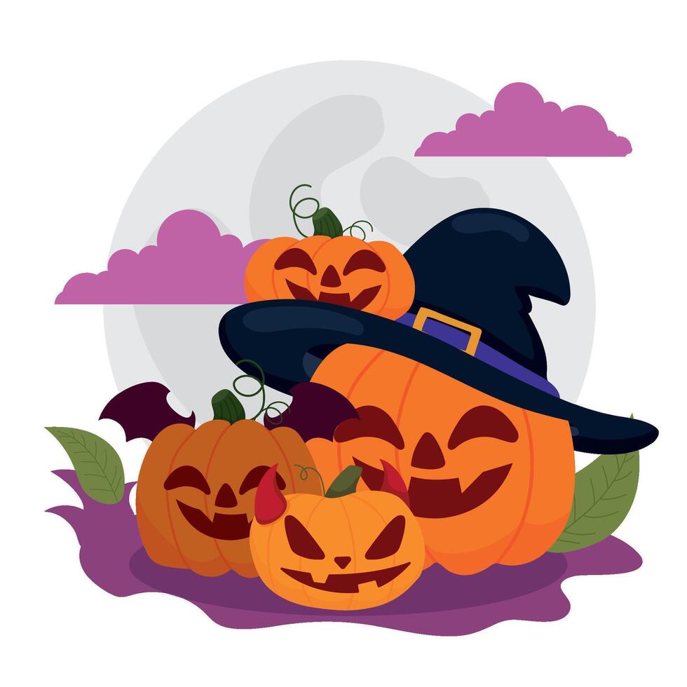 Cute Halloween pumpkins with witch hat and devil horns, vector