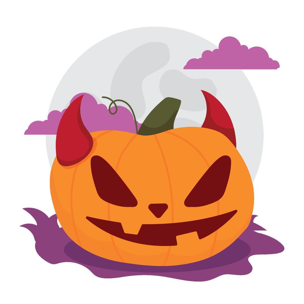 Angry jack-o -lantern pumpkin with devil horns, vector