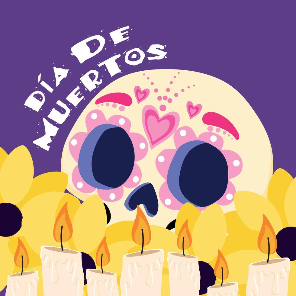 Day of the Dead skull with flowers and candles, vector