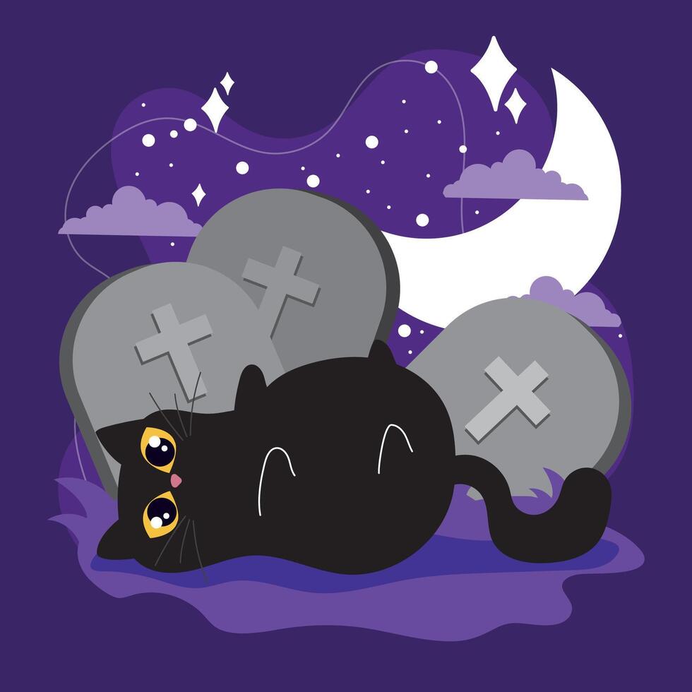 Happy black cat lying by gravestones and full moon, vector