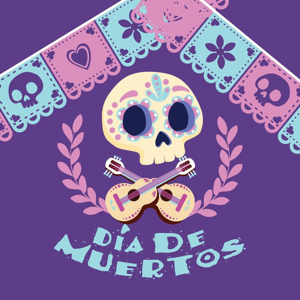 Day of the Dead skull with guitars and papel picado, vector