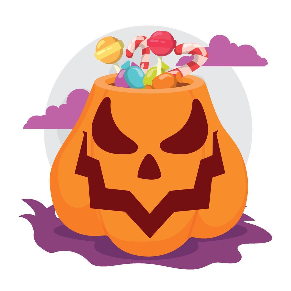 Angry jack-o -lantern pumpkin with candy inside, vector