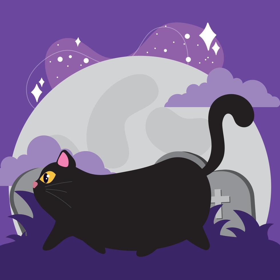 Halloween black cat with full moon and gravestones, vector