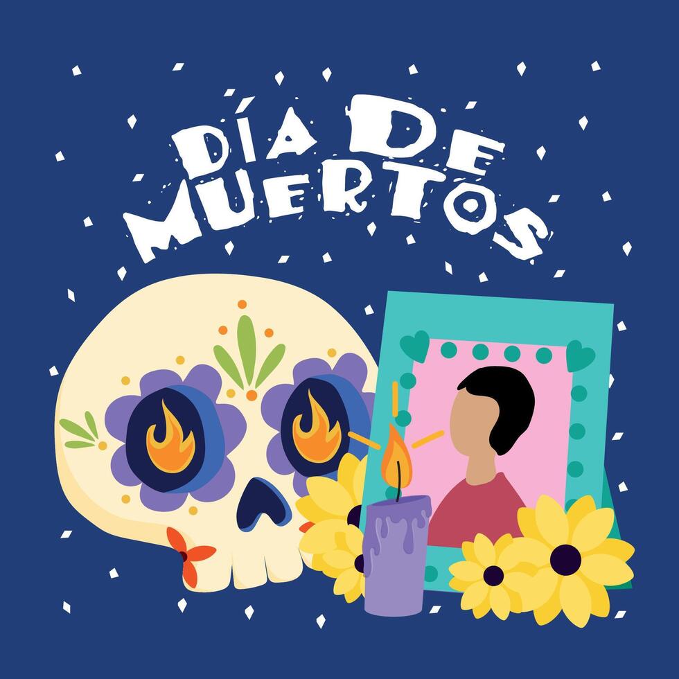 Day of the Dead altar with skull, photo, and flowers, vector