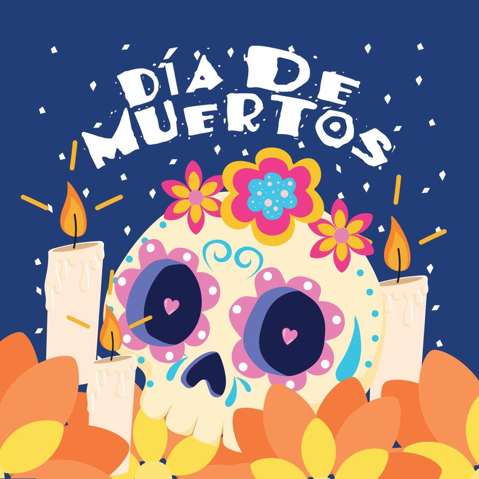 Day of the Dead skull with flowers and candles, vector