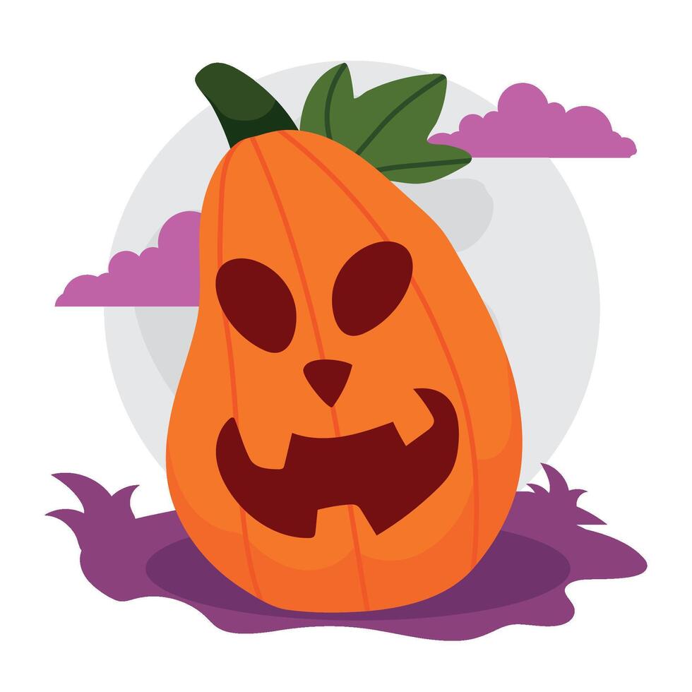 Tall spooky jack-o -lantern pumpkin with full moon, vector