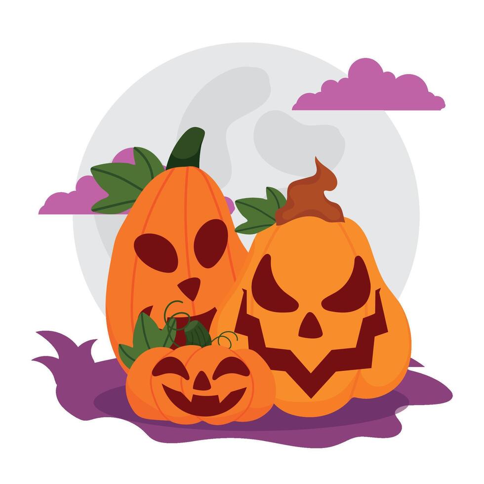 Group of jack-o -lantern pumpkins with spooky faces, vector