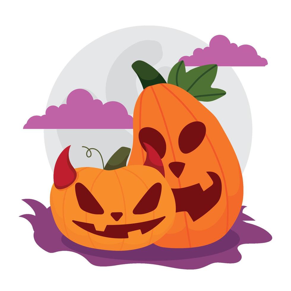 Scary jack-o -lantern pumpkins with devil horns, vector