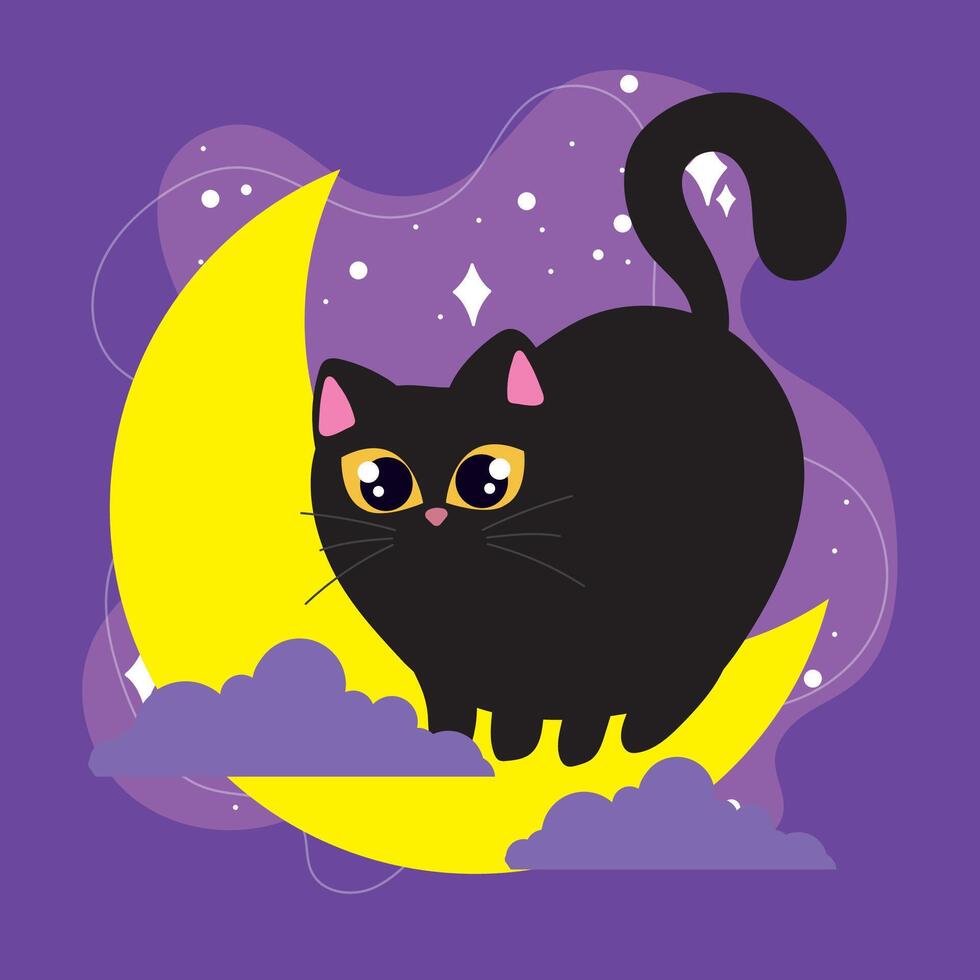 Cute black cat sitting on crescent moon, vector