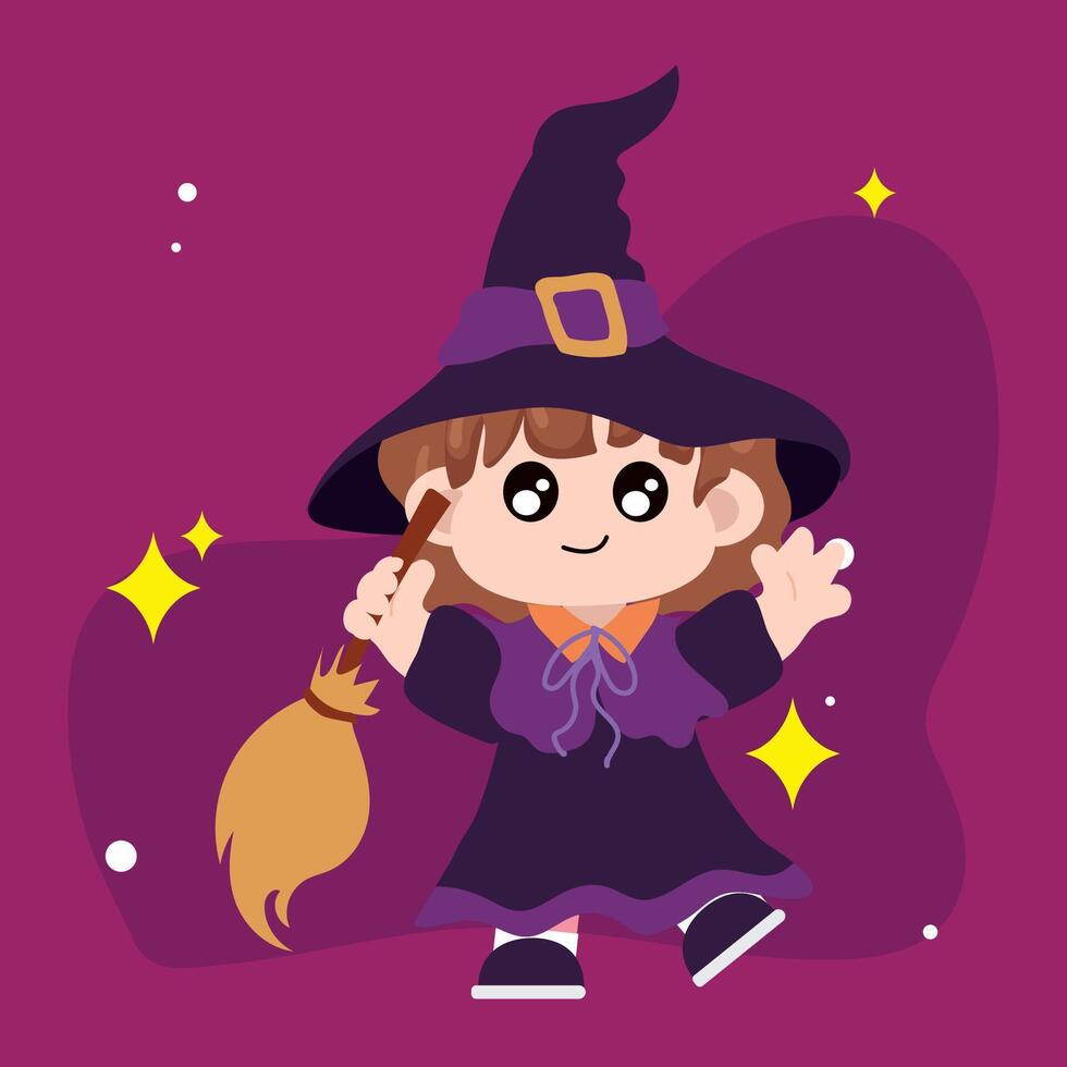 Child dressed as a witch with broom and hat vector