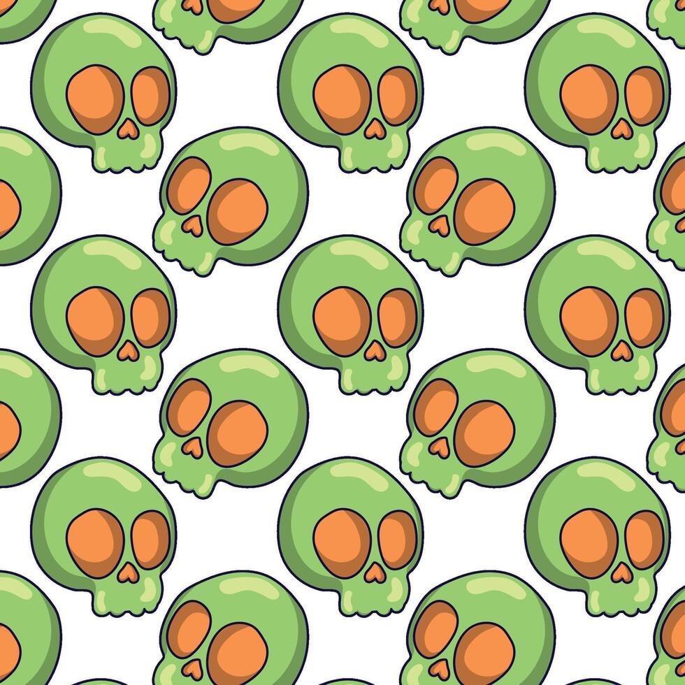 Green Halloween skulls with orange eyes pattern vector
