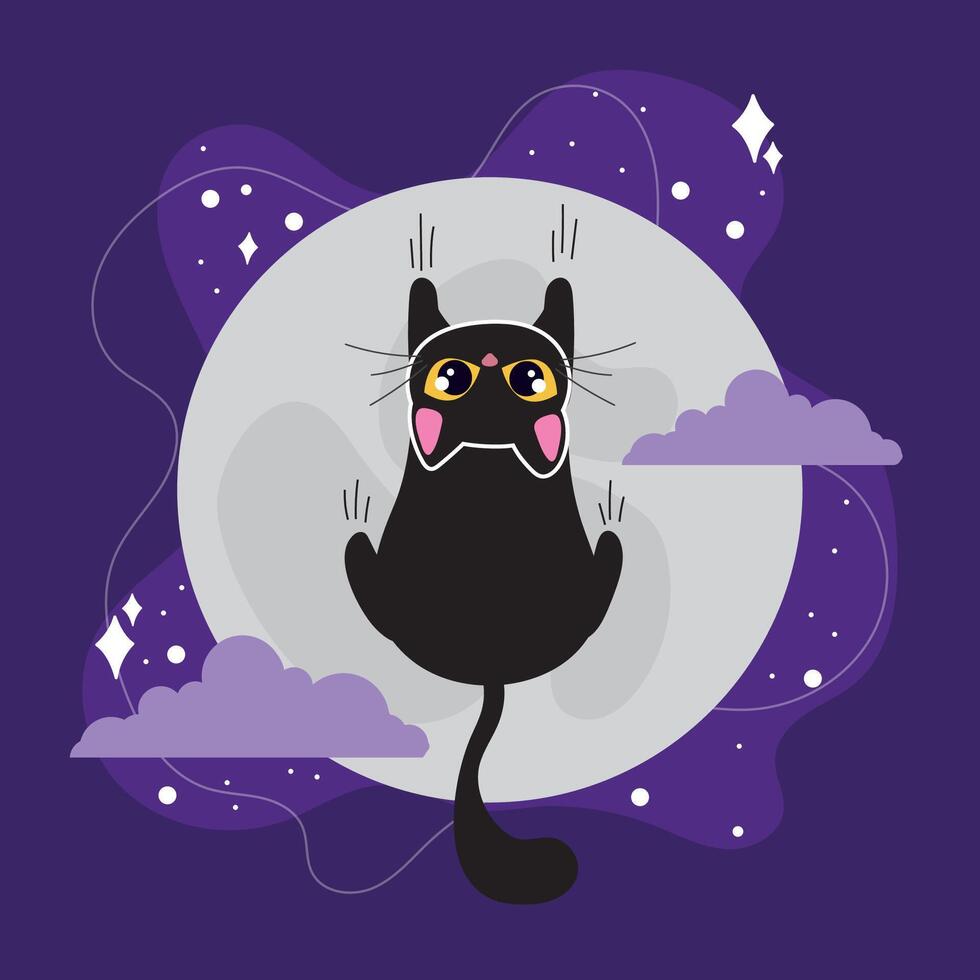 Black cat climbing with full moon and clouds, vector