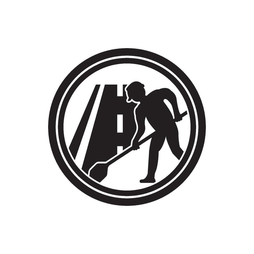 A black and white logo of a man sweeping the floor vector