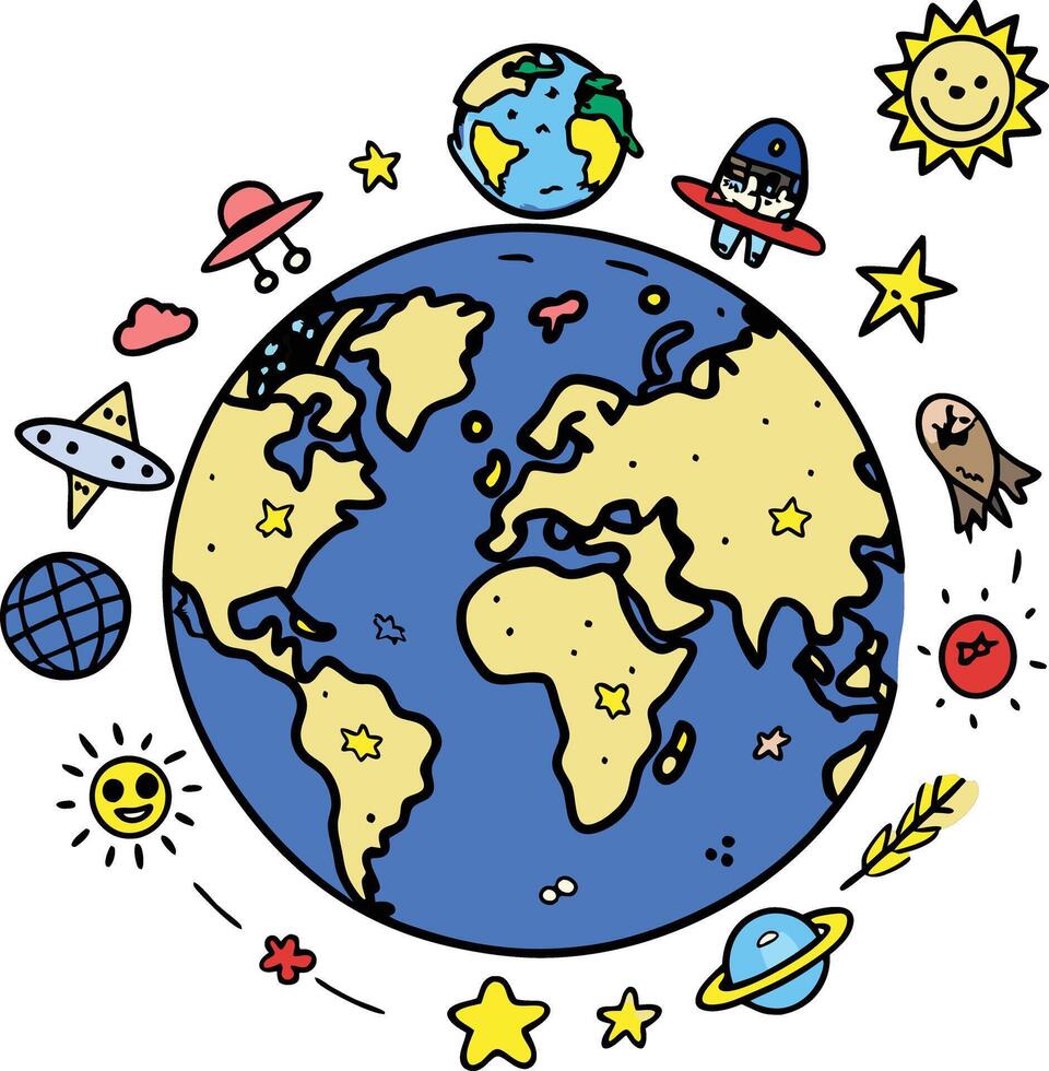Cartoon earth with planets and stars vector