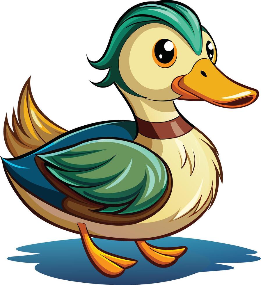 Cartoon duck with green feathers and blue beak vector