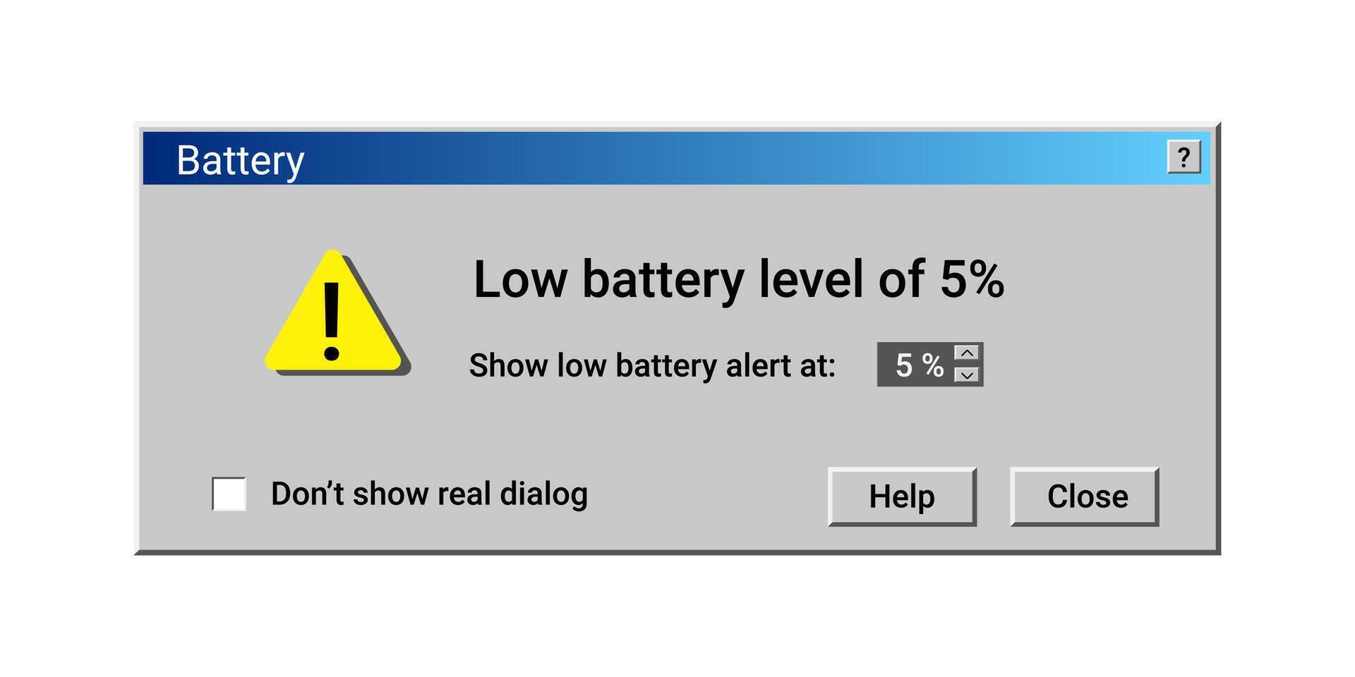 Low battery level notification. Laptop message about power. vector