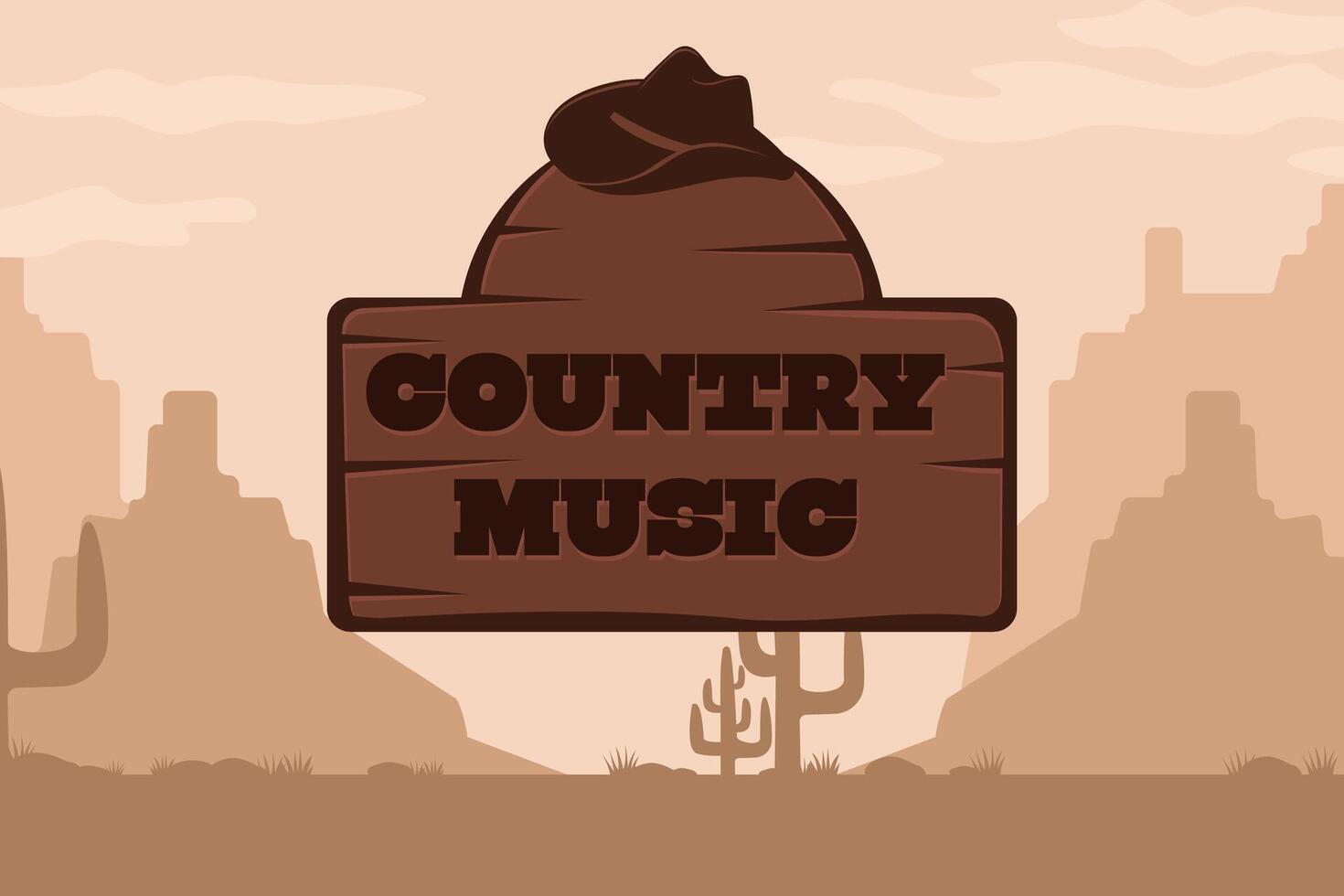 Country music poster with cowboy hat on the background of a scenic landscape. vector