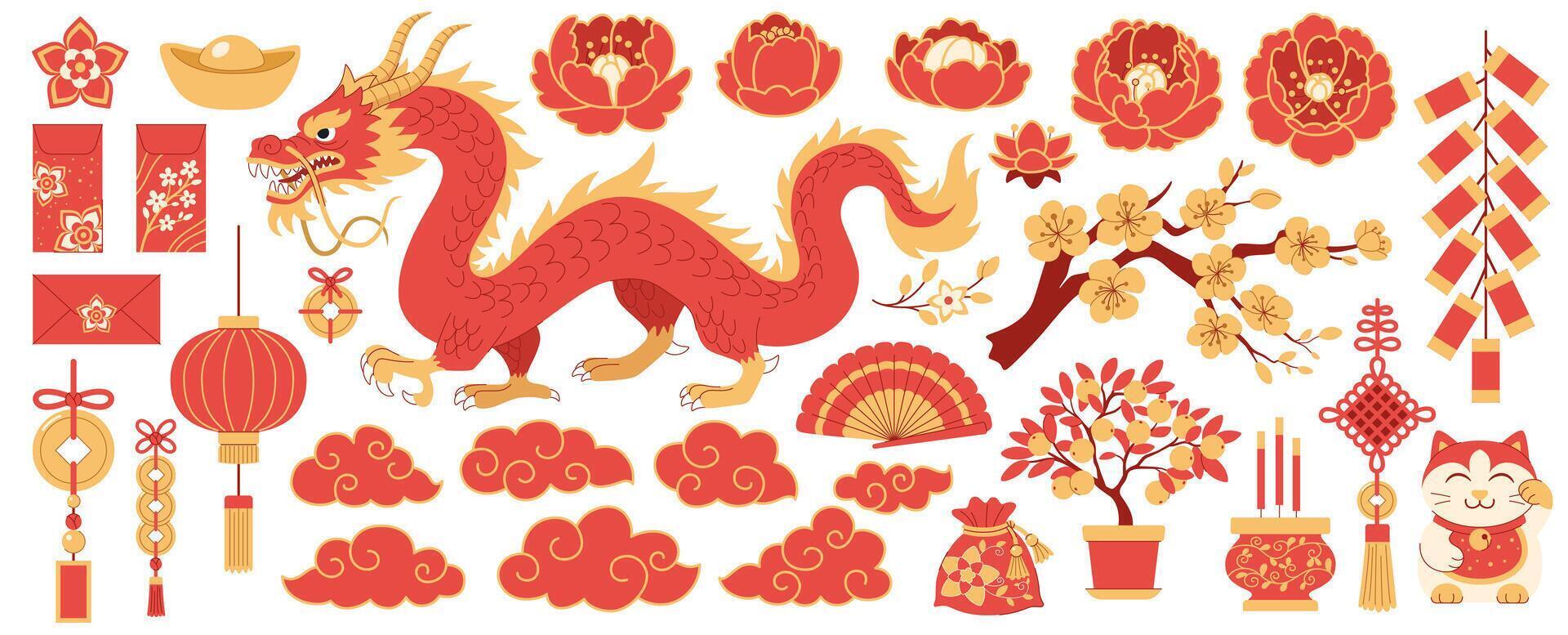 Chinese New Year elements collection. Dragon, decorative elements - flowers and clouds, firecrackers, traditional symbols of luck and prosperity - coins, knots, maneki neko. White background. vector
