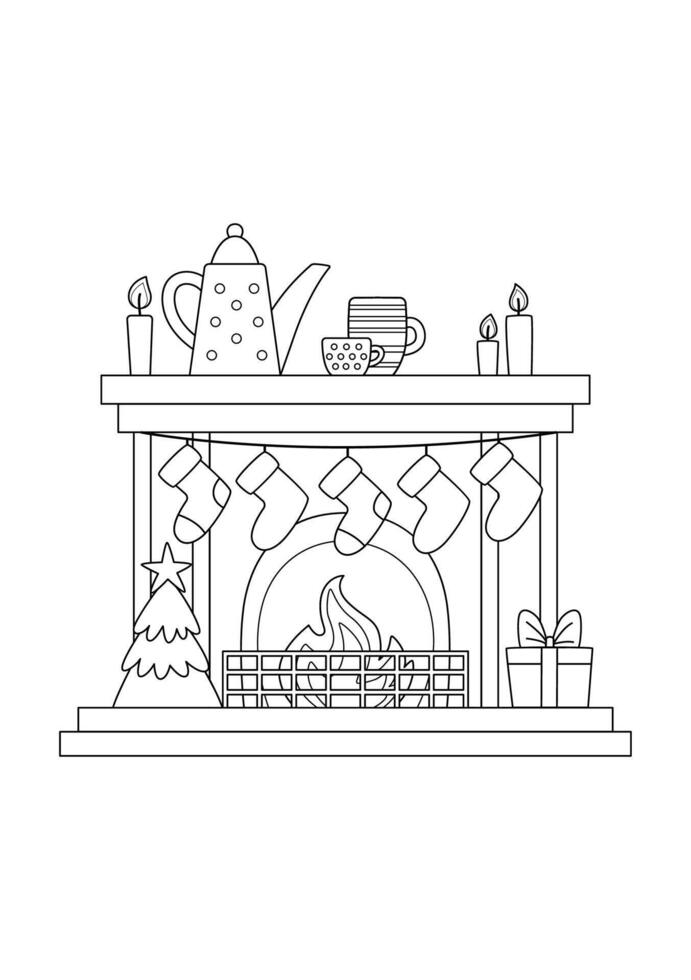 Christmas fireplace with stockings and decorations. Christmas doodle book coloring page. Outline illustration. vector