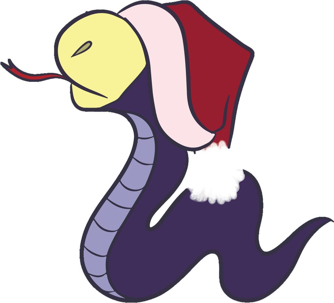 Flat style cartoon illustration of snake in Santa cap. The hat slipped over is eyes. Animal catches the snowflakes with the tongue. Chinese symbol of New 2025 Year. vector