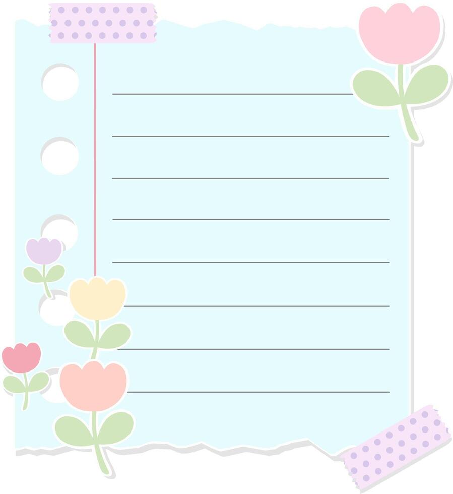 Cute Blue Paper Notes With Colorful Flower Sticker And Washi Tape Illustration vector