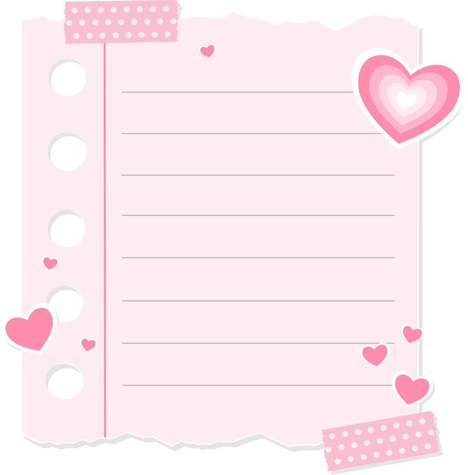 Cute Pastel Color Paper Notes With Pink Heart Love Sticker And Washi Tape Illustration vector