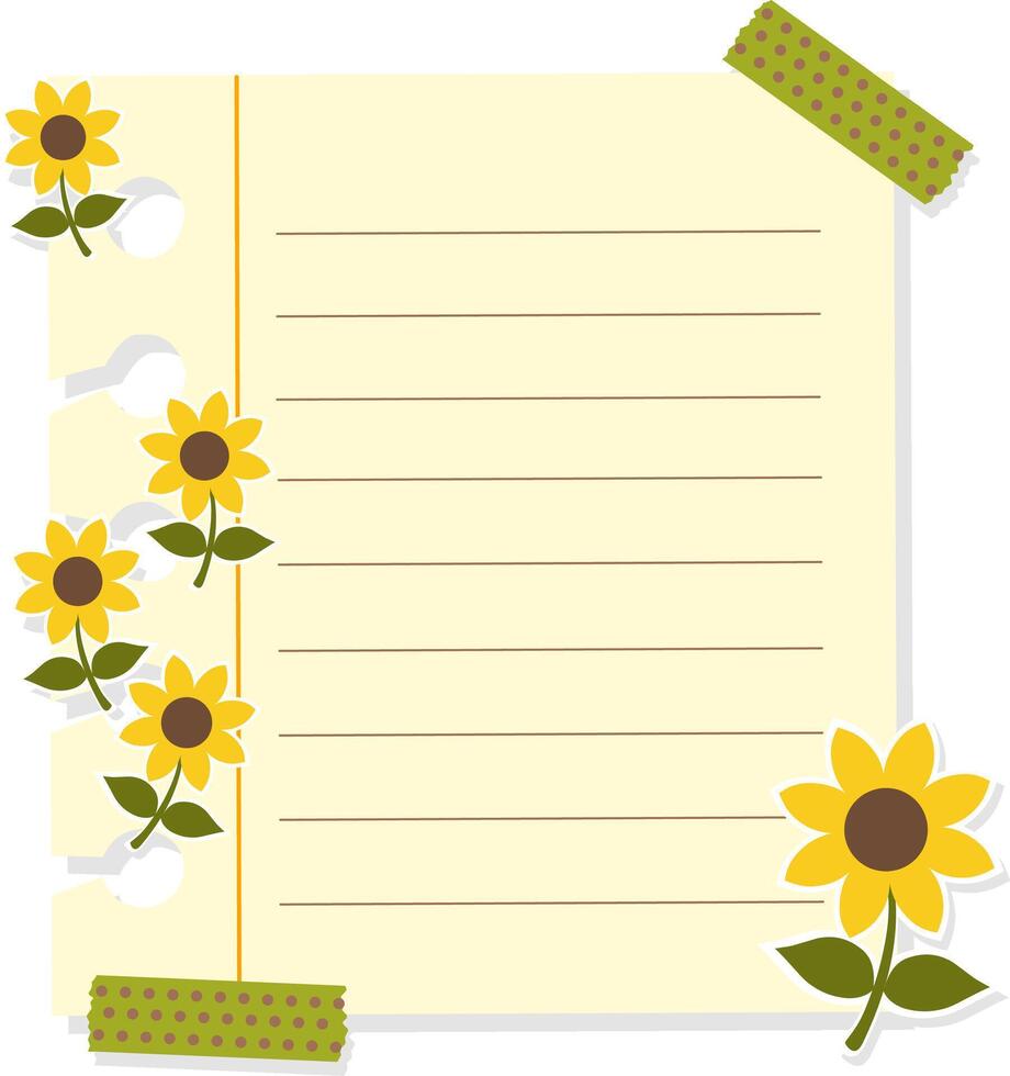 Cute Yellow Paper Notes With Sunflower Sticker And Washi Tape Illustration vector