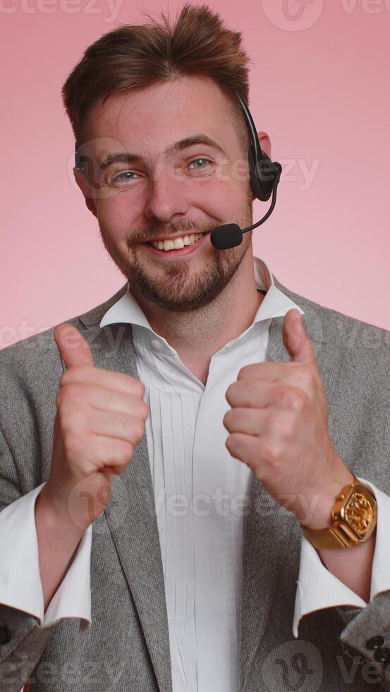 Business man wearing headset call center, support service operator helpline having talk with client photo