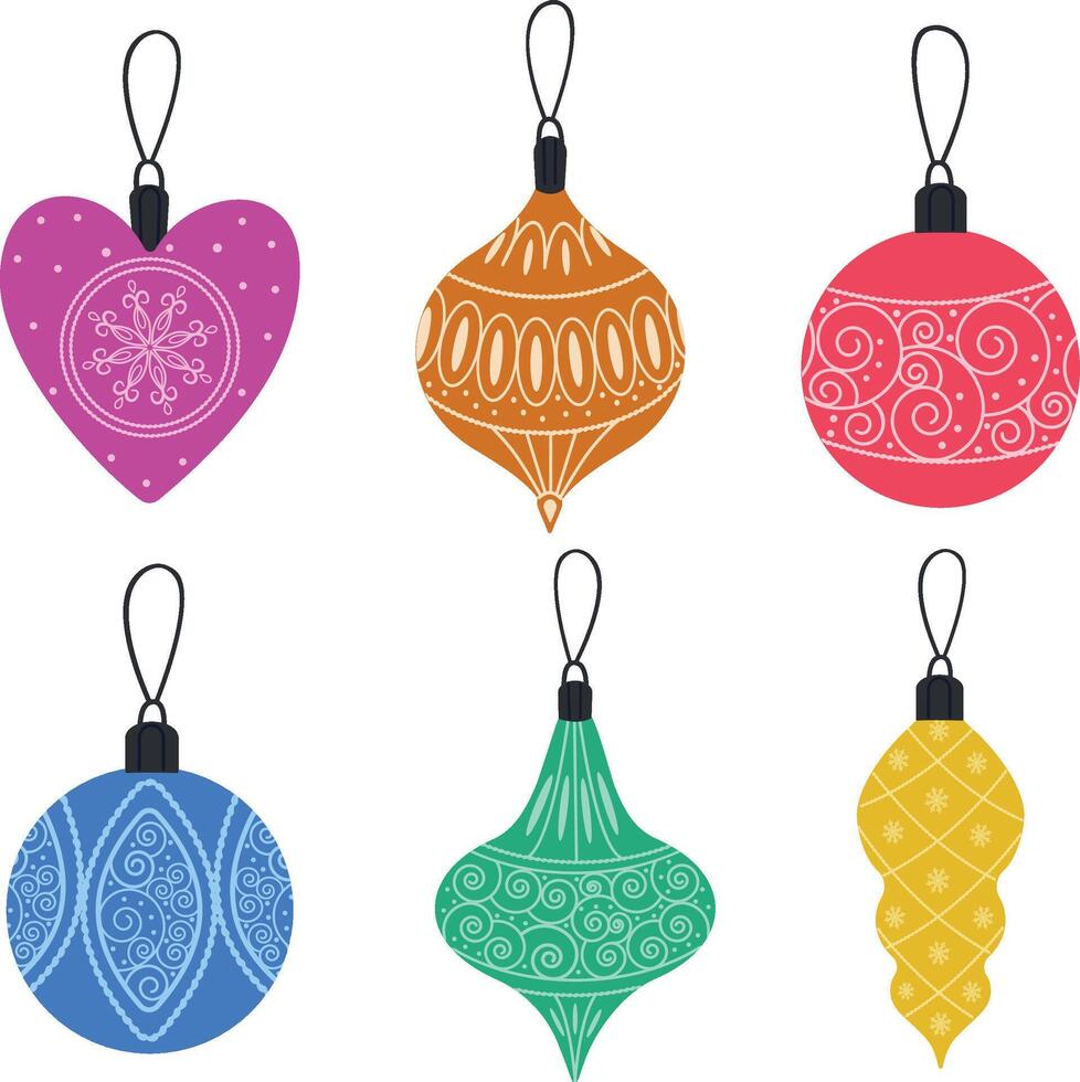 A set of Christmas tree toys. Illustration of bright Christmas tree toys in the shape of a ball, hearts, icicles for Christmas and New Year. It is used for the design of banners, books, magazines. vector