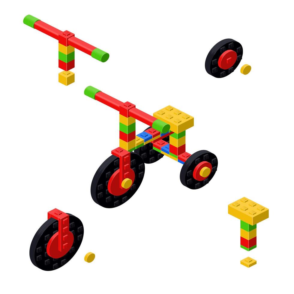 Concept with deconstruction tricycle from plastic blocks. vector