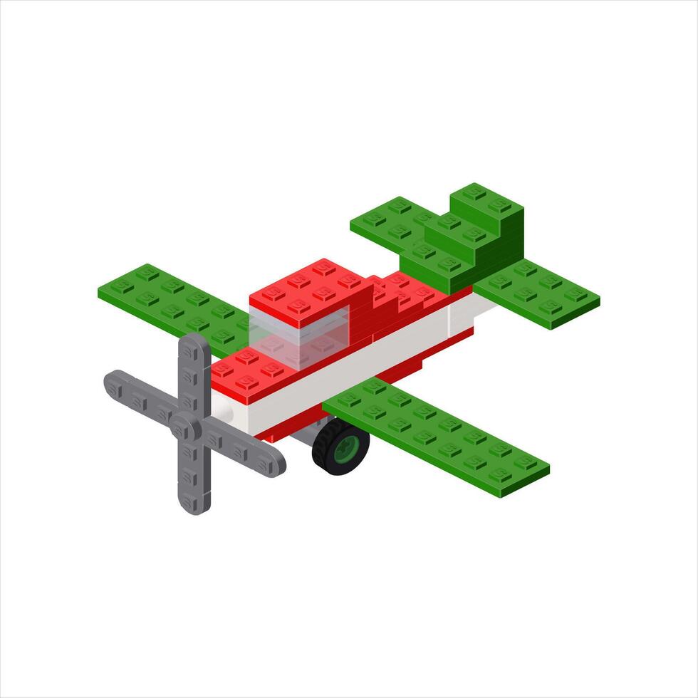 Small plane in isometric view assembled from plastic blocks. vector