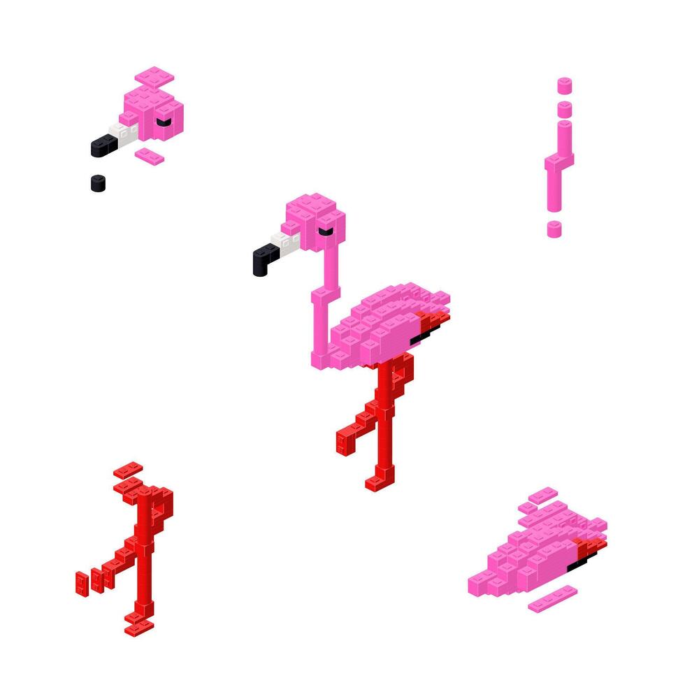 Concept with deconstruction Flamingo from plastic blocks. vector